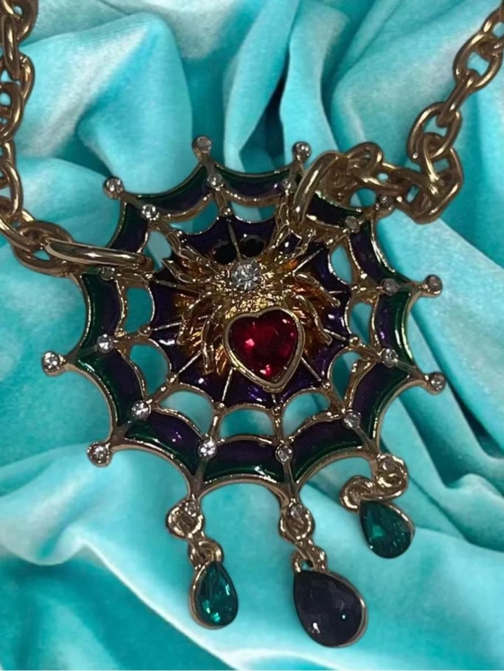 Gold Spiderweb Pendant Necklace with Red Heart Gem - Women Jewelry